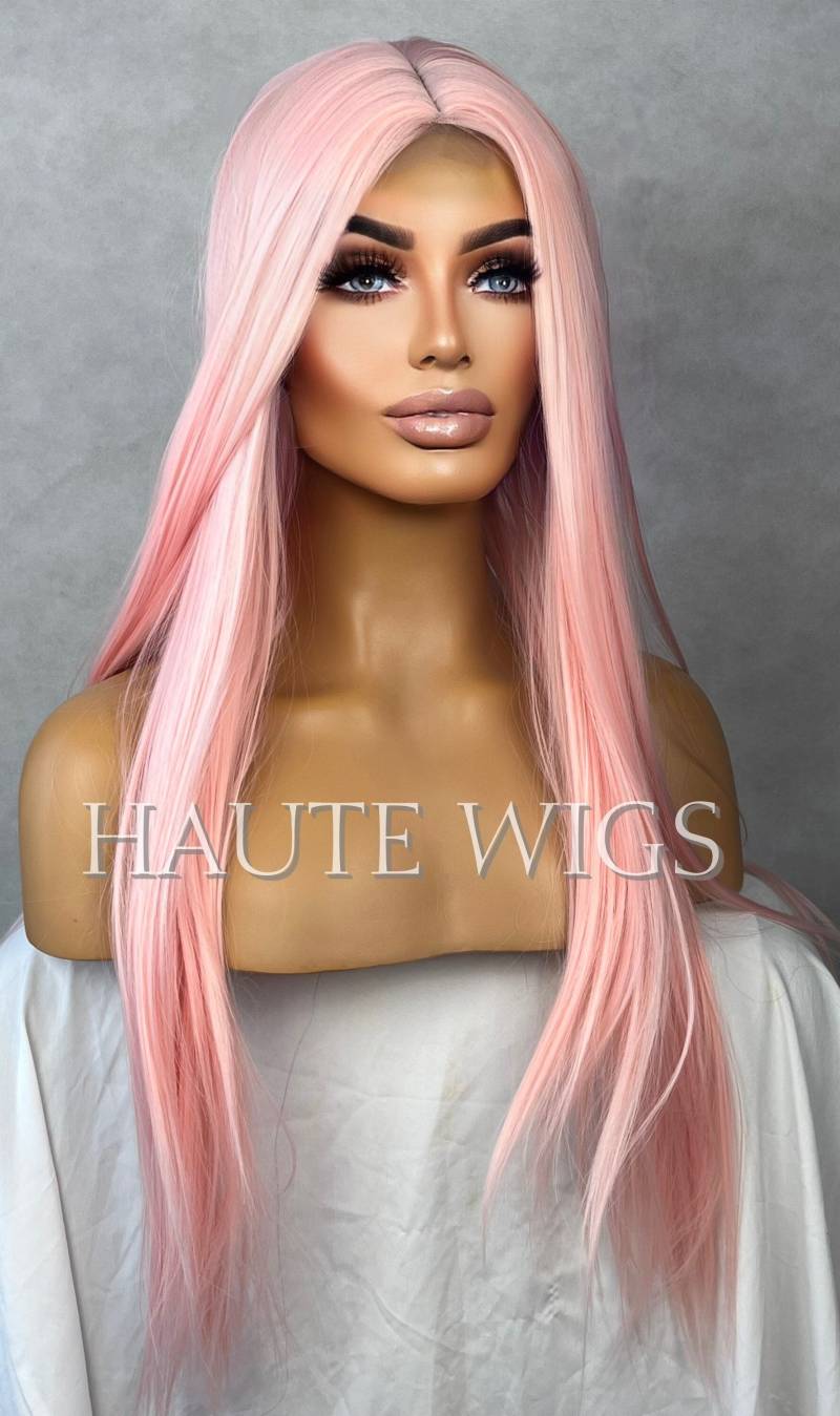 28 Zoll Lace Front Baby Powder Rosa Damen Perücke Cotton Candy Hellrosa Haare Mittelscheitel Gerade Perücken von HauteWigs