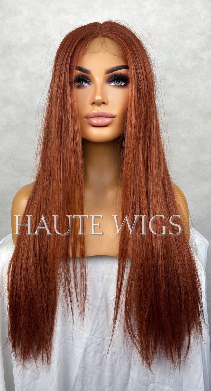 Auburn 26 Zoll Lace Front Echthaar Mischungen Damen Perücke Tiefes Kupfer Ginger Braun Luxus Baby Haare Mittelscheitel Gerade von HauteWigs