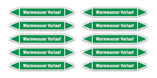 Aufkleber: 100x15 mm, 10 Stück - Gruppe 1 - Wasser - Rohrleitungskennzeichnung - nach DIN 2403 - Sprache: deutsch - Warmwasser Vorlauf von Havati