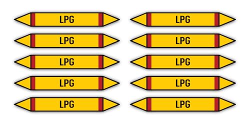 Aufkleber: 100x15 mm, 10 Stück - Gruppe 4 - Brennbare Gase - Flüssiggas - Rohrleitungskennzeichnung - nach DIN 2403 - Sprache: deutsch - LPG von Havati