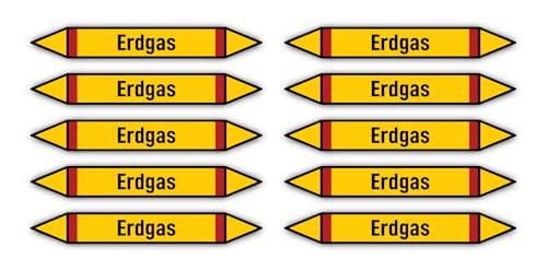 Aufkleber: 100x15 mm, 10 Stück - Gruppe 4 - Brennbare Gase - Rohrleitungskennzeichnung - nach DIN 2403 - Sprache: deutsch - Erdgas von Havati