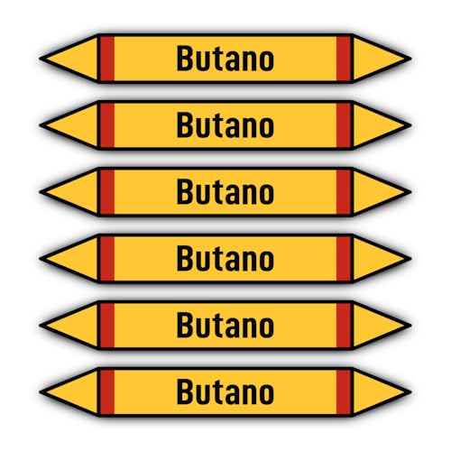 Aufkleber: 200x30 mm, 6 Stück - Grupo 4 - Gases Inflamables - Rohrleitungskennzeichnung - nach DIN 2403 - Sprache: spanisch - Butano von Havati