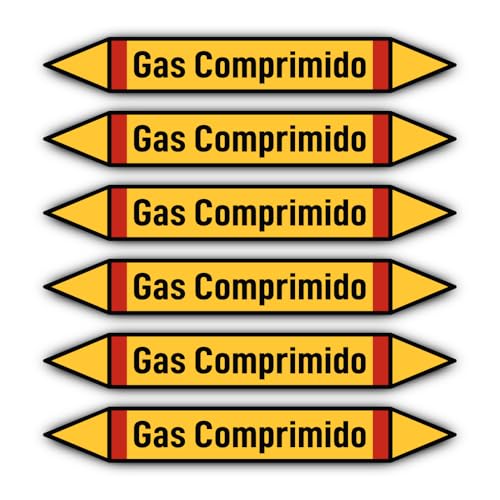 Aufkleber: 200x30 mm, 6 Stück - Grupo 4 - Gases Inflamables - Rohrleitungskennzeichnung - nach DIN 2403 - Sprache: spanisch - Gas Comprimido von Havati