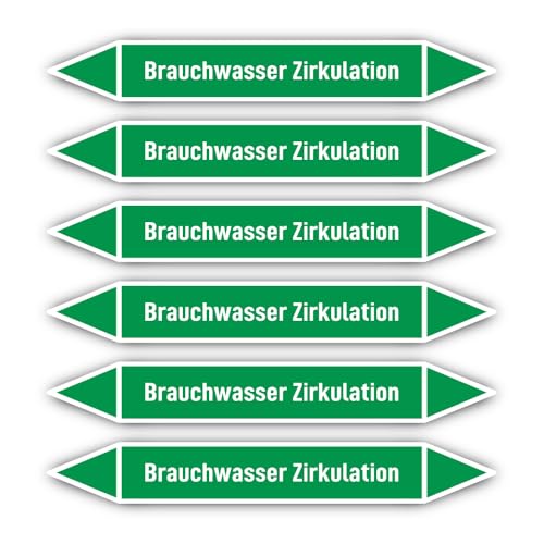 Aufkleber: 200x30 mm, 6 Stück - Gruppe 1 - Wasser - Rohrleitungskennzeichnung - nach DIN 2403 - Sprache: deutsch - Brauchwasser Zirkulation von Havati