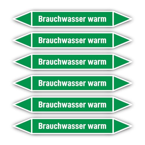 Aufkleber: 200x30 mm, 6 Stück - Gruppe 1 - Wasser - Rohrleitungskennzeichnung - nach DIN 2403 - Sprache: deutsch - Brauchwasser warm von Havati