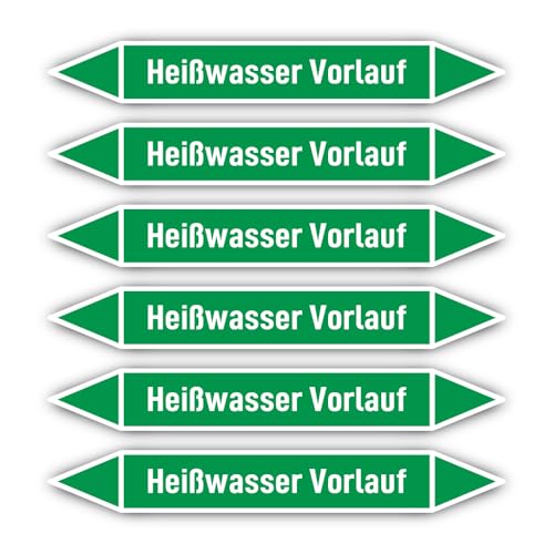 Aufkleber: 200x30 mm, 6 Stück - Gruppe 1 - Wasser - Rohrleitungskennzeichnung - nach DIN 2403 - Sprache: deutsch - Heißwasser Vorlauf von Havati