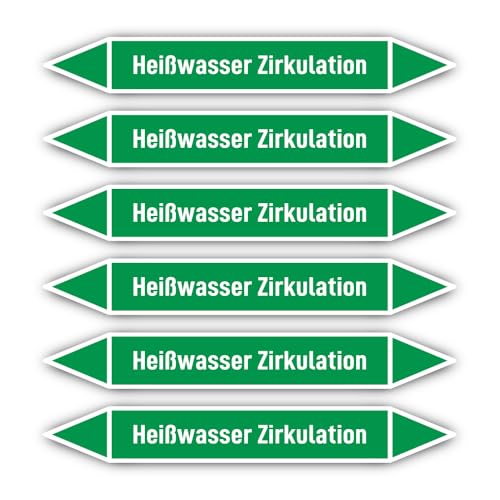 Aufkleber: 200x30 mm, 6 Stück - Gruppe 1 - Wasser - Rohrleitungskennzeichnung - nach DIN 2403 - Sprache: deutsch - Heißwasser Zirkulation von Havati