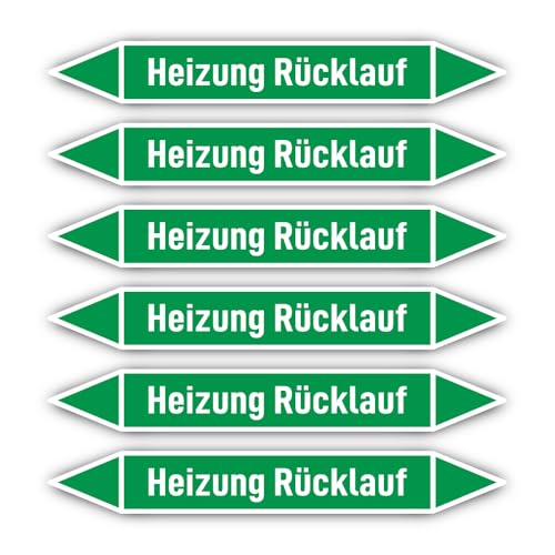 Aufkleber: 200x30 mm, 6 Stück - Gruppe 1 - Wasser - Rohrleitungskennzeichnung - nach DIN 2403 - Sprache: deutsch - Heizung Rücklauf von Havati