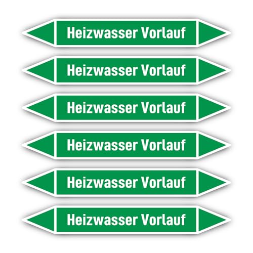 Aufkleber: 200x30 mm, 6 Stück - Gruppe 1 - Wasser - Rohrleitungskennzeichnung - nach DIN 2403 - Sprache: deutsch - Heizwasser Vorlauf von Havati