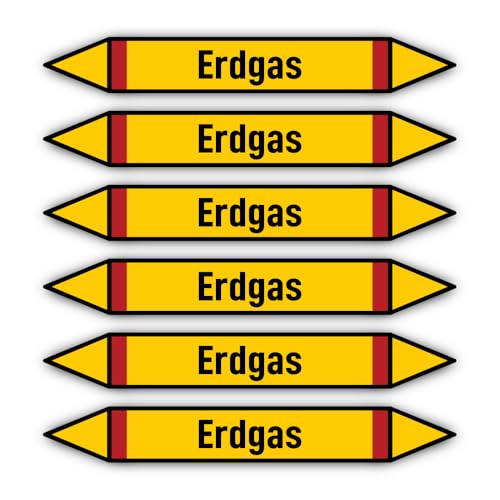 Aufkleber: 200x30 mm, 6 Stück - Gruppe 4 - Brennbare Gase - Rohrleitungskennzeichnung - nach DIN 2403 - Sprache: deutsch - Erdgas von Havati