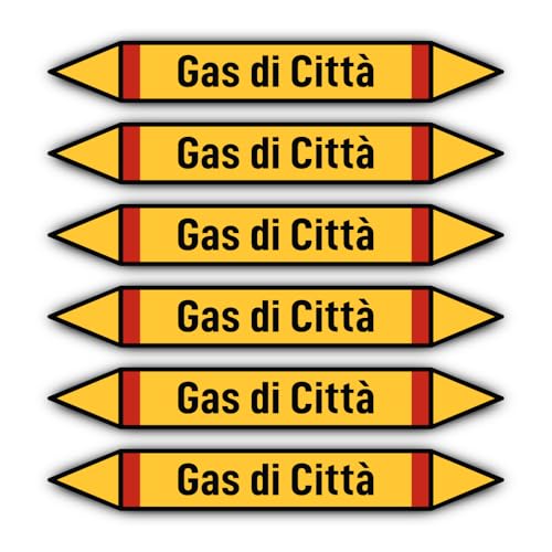 Aufkleber: 200x30 mm, 6 Stück - Gruppo 4 - Gas Infiammabili - Rohrleitungskennzeichnung - nach DIN 2403 - Sprache: italienisch - Gas di Città von Havati