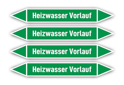 Aufkleber: 300x45 mm, 4 Stück - Gruppe 1 - Wasser - Rohrleitungskennzeichnung - nach DIN 2403 - Sprache: deutsch - Heizwasser Vorlauf von Havati