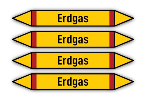 Aufkleber: 300x45 mm, 4 Stück - Gruppe 4 - Brennbare Gase - Rohrleitungskennzeichnung - nach DIN 2403 - Sprache: deutsch - Erdgas von Havati