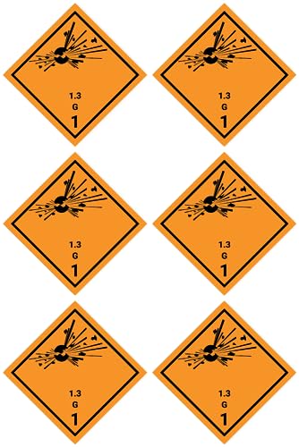 Laminierte Aufkleber: 50x50 mm, 6 Stück - Gefahrzettel - Gefahrgutklasse - Klasse 1.3 - Verträglichkeitsgruppe G - explosive Stoffe - ADR/GHS/DGR/UN Sicherheitspiktogramm von Havati