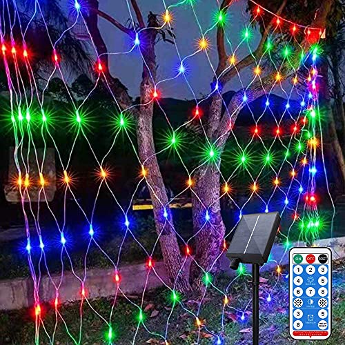 Hawofly Led Lichternetz Außen Solar Netz Lichterkette 3 x 2 m Wasserfest 200LEDs Solar Lichterkette mit Fernbedienung 8 Modis Warmweiß für Garten, Weihnachten, Hochzeit,Party (Farbiges Licht) von Hawofly