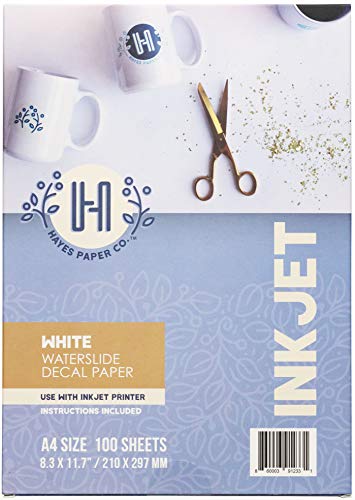 Hayes Paper Co. Waterslide Aufkleberpapier Inkjet White – Abziehpapier für Tintenstrahldrucker – A4 Wassertransferpapier, 100 Blatt (8,5 x 11) von Hayes Paper Co.