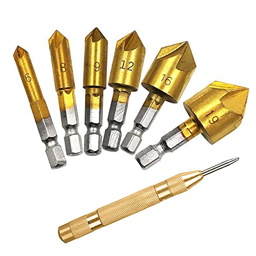 Hazrcvr 6 Stücke Versenkbohrer HSS Senker Bohrer Senker Kit mit Messing Automatische Center Bohrer Punch für Holz Ø 6-19 mm Center Punch Tool von Hazrcvr