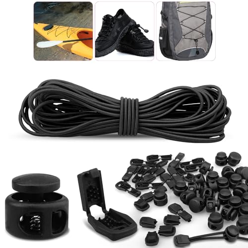 10m Elastische Gummischnur 3mm, Gummiband Rund Schnur Elastische Gummiseil mit 30 Kordelklemme 30 Kordelstopper 2 Loch, Schwarz Gummikordel für Kordelzug Rucksack Bekleid Wäscheleinen von Hcunbsu