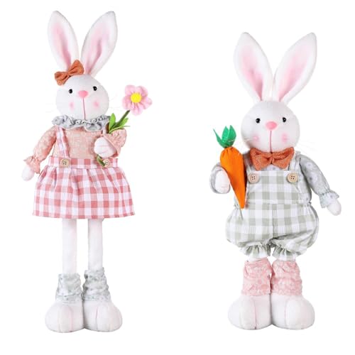 HeFZiYMOZaDP 2 pcs Osterhasen Plüsch Puppe,Ostern Deko Hase Figur, Osterhase Figuren mit Teleskop Beine, Tischdeko Ostern Kaninchen Geeignet als Schreibtischdekoration für Zuhause und das Büro von HeFZiYMOZaDP