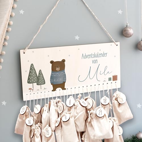 Adventskalender Personalisiert für Kinder | Advent Kalender zum befüllen aus Holz | Wandmontage Weihnachtskalender DIY mit Namen | hellomini (Bär Druck) von HeLLo mini