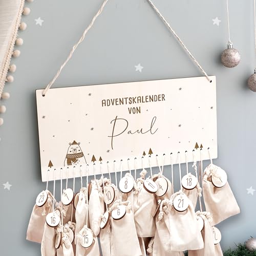 Adventskalender Personalisiert für Kinder | Advent Kalender zum befüllen aus Holz | Wandmontage Weihnachtskalender DIY mit Namen | hellomini (Bär Gravur) von HeLLo mini