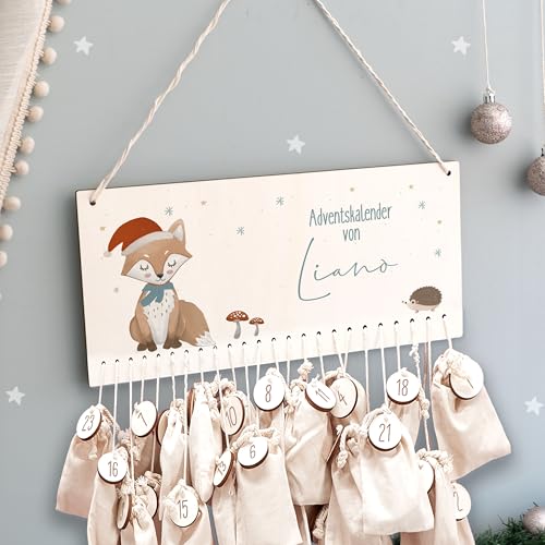 Adventskalender Personalisiert für Kinder | Advent Kalender zum befüllen aus Holz | Wandmontage Weihnachtskalender DIY mit Namen | hellomini (Fuchs Druck) von HeLLo mini