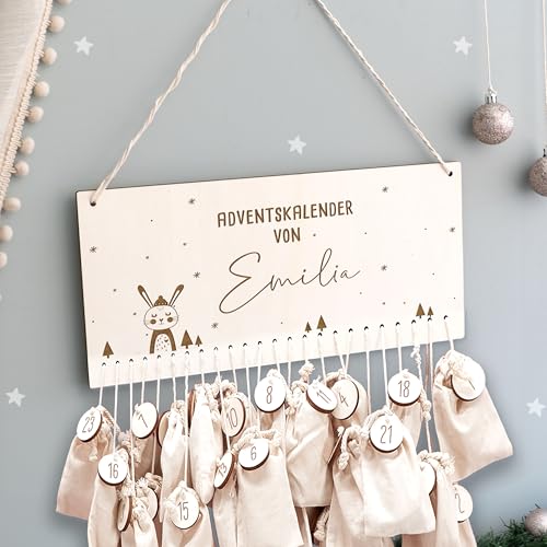 Adventskalender Personalisiert für Kinder | Advent Kalender zum befüllen aus Holz | Wandmontage Weihnachtskalender DIY mit Namen | hellomini (Hase Gravur) von HeLLo mini