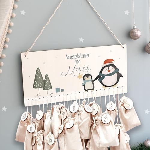 Adventskalender Personalisiert für Kinder | Advent Kalender zum befüllen aus Holz | Wandmontage Weihnachtskalender DIY mit Namen | hellomini (Pinguin Druck) von HeLLo mini