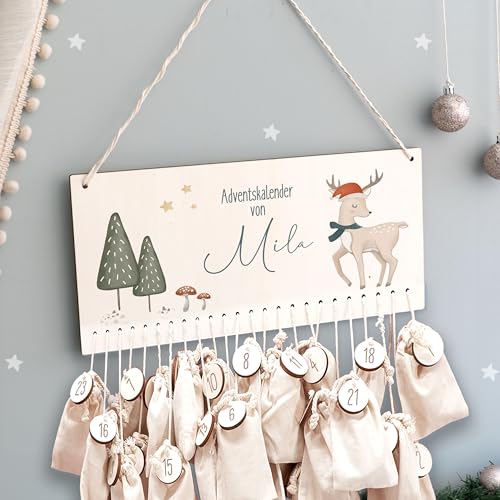 Adventskalender Personalisiert für Kinder | Advent Kalender zum befüllen aus Holz | Wandmontage Weihnachtskalender DIY mit Namen | hellomini (Reh Druck) von HeLLo mini