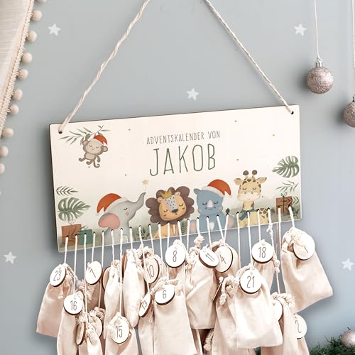 Adventskalender Personalisiert für Kinder | Advent Kalender zum befüllen aus Holz | Wandmontage Weihnachtskalender DIY mit Namen | hellomini (Safari) von HeLLo mini