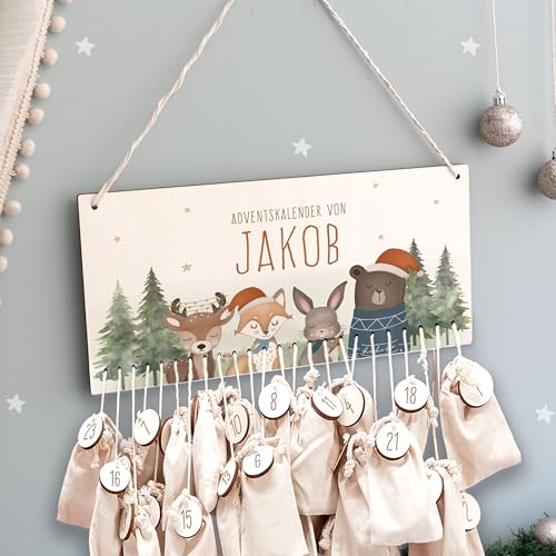 Adventskalender Personalisiert für Kinder | Advent Kalender zum befüllen aus Holz | Wandmontage Weihnachtskalender DIY mit Namen | hellomini (Waldtiere) von HeLLo mini