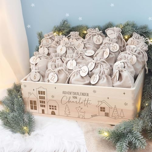 Personalisierte Adventskiste - Adventskalender aus Holz mit Namen - Gravur Kalender DIY - Weihnachtskalender für Kinder - hello mini (Winterlandschaft) von HeLLo mini