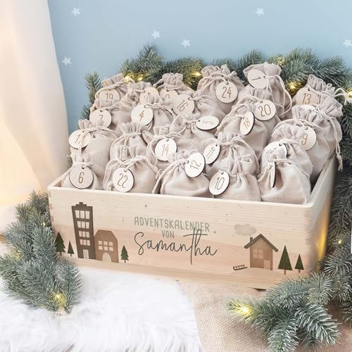 Personalisierte Adventskiste - Adventskalender aus Holz mit Namen - Gravur Kalender DIY - Weihnachtskalender für Kinder - hello mini (Winterlandschaft Druck) von HeLLo mini