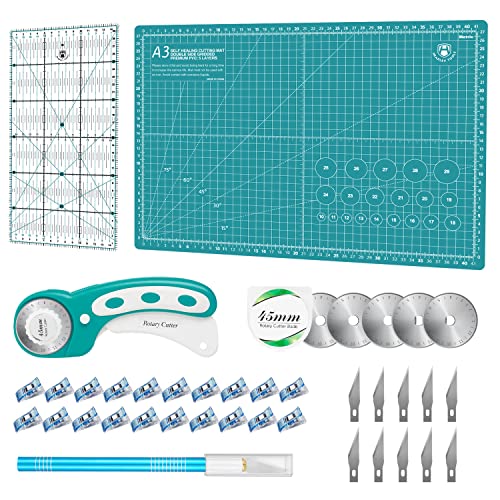 Rollschneider Set - 45mm Rollschneider Stoffschneider Set inkl. A3 Schneidematte, Rollschneider, Ersatzklingen, Patchwork-Lineal, Stoffklammern, Bastelmesser set ideal zum Basteln, Nähen, Patchworken von Headley Tools