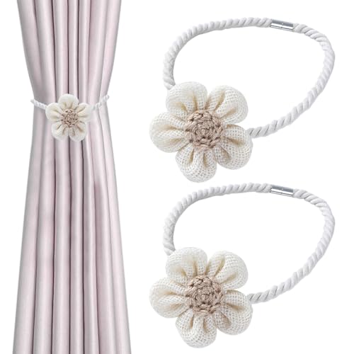 2er Set Magnetische Vorhang Raffhalter - Blumen Vorhanghalter für Boho Deko - Magnetische Gardinen Raffhalter - Einfach und Elegant - Beige Seil - Haus Dekoration von Healife