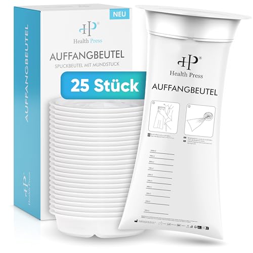 Health Press® Auffangbeutel 25 Stück – Brechbeutel mit Mundstück – Reißfester Spuckbeutel mit Ring – Kotztüten für Erbrechen, Übelkeit, Unterwegs, Auto, Reiseübelkeit – Einweg Spucktüten von Health Press