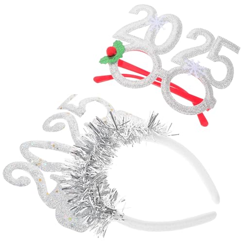 Healvian 2025 Brillengestelle 2025 Neujahrsbrillen Weihnachts-Stirnband Bopper – Frohes Neues Jahr Glitzernde Brillen Haarband Kopfbedeckung 2025 Silvester-Partyzubehör Zubehör Silber von Healvian