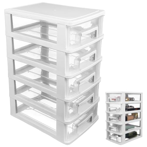 Healvian Schubladenschrank Kunststoff Schubladenbox 5 Transparente Schubladenturm Kosmetik Aufbewahrungsbox mit Schubladen Aufbewahrungsturm Schubladencontainer Storage Cabinet von Healvian