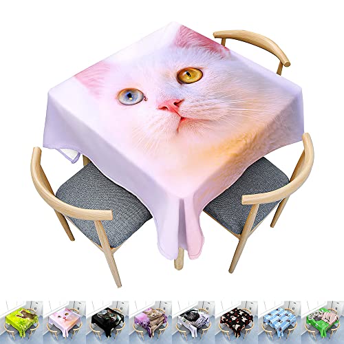 Hearda Tischdecke Abwaschbar Rechteckig, 3D-Katzen- und Hundedruck Polyester Tischdecken Wasserdicht Pflegeleicht Tischtuch für Küche Party Bar Restaurant (weiße Katze,100x140cm) von Hearda