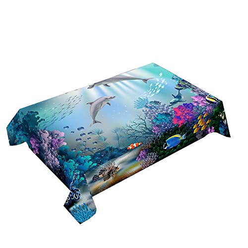 Hearda Tischdecke Abwaschbar Rechteckig, 3D Ozean Delphin Druck Polyester Tischdecken Wasserdicht Pflegeleicht Tischtuch für Küche Party Bar Restaurant (Unterwasserwelt,120x120cm) von Hearda