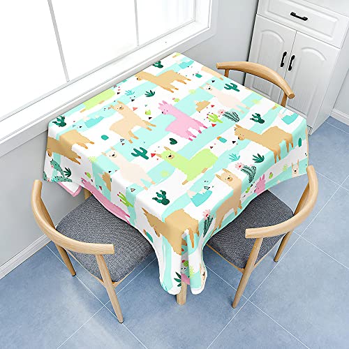 Hearda Tischdecke Abwaschbar Rechteckig, Cartoon Alpaka-Druck Polyester Tischdecken Wasserdicht Pflegeleicht Tischtuch mit Tischdeckenklammern für Küche Party Bar (140x140cm,Khakifarbenes Alpaka) von Hearda