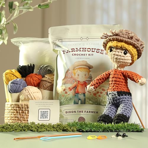 Amigurumi Häkelset für Anfänger, Erwachsene und Kinder, Häkelsets für Erwachsene Anfänger mit einfachem Garn, gefülltes Häkeltier-Set mit Schritt-für-Schritt-Video-Tutorials - Dixon der Bauer von Hearth & Harbor