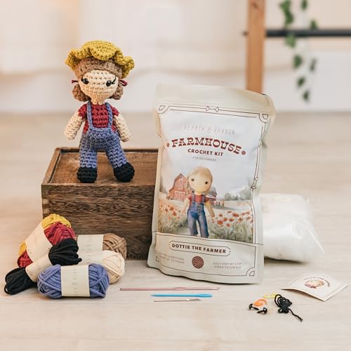 Amigurumi Häkelset für Anfänger, Erwachsene und Kinder, Häkelsets für Erwachsene Anfänger mit einfachem Garn, gefülltes Häkeltier-Set mit Schritt-für-Schritt-Video-Tutorials - Dottie der Bauer von Hearth & Harbor