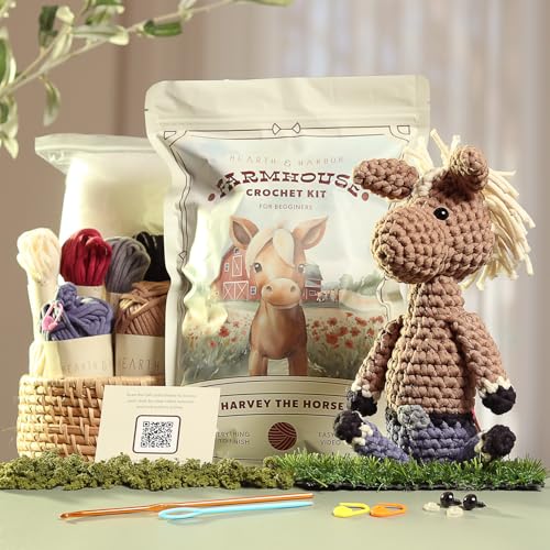 Amigurumi Häkelset für Anfänger, Erwachsene und Kinder, Häkelsets für Erwachsene Anfänger mit einfachem Garn, gefülltes Häkeltier-Set mit Schritt-für-Schritt-Video-Tutorials - Harvey das Pferd von Hearth & Harbor