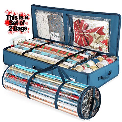 Hearth & Harbor Aufbewahrungsbehälter – Weihnachts-Aufbewahrungstasche mit Innentaschen 22 Rollen à 101,6 cm – reißfester Geschenkpapier-Organizer, Polyester, stahlblau, 40" von Hearth & Harbor