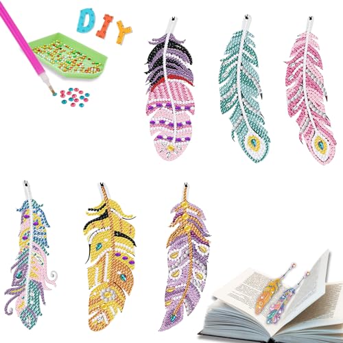 6 Stück Diamant Malerei Lesezeichen, DIY Diamond Painting Feather Lesezeichen Kinder, Bookmark Feder Form Strass mit Kristall Anhänger, DIY Kunsthandwerk Geschenk für Anfänger(A) von Heartsking