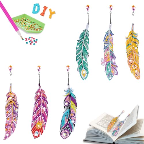 6 Stück Diamant Malerei Lesezeichen, DIY Diamond Painting Feather Lesezeichen Kinder, Bookmark Feder Form Strass mit Kristall Anhänger, DIY Kunsthandwerk Geschenk für Anfänger(B) von Heartsking