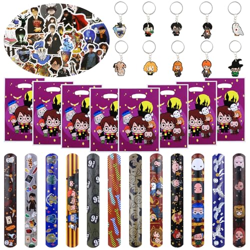 82 Pcs Mitgebsel Kindergeburtstag, Wizard Party Mitgebsel Spielzeug Geburtstagsdeko 12 Schnapparmband Kinder 10 Schlüsselschnalle 50 Aufkleber 10 Geburtstagstüten Geburtstag Deko Zubehör Gadget von Heartsking