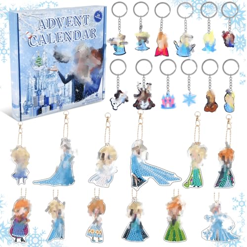 Adventskalender 2024, 12 DIY Diamond Painting Schlüsselanhänger und 12 PVC Schlüsselanhänger Mädchen 24 Stück Frozen Weihnachten Anhänger Weihnachtskalender Geschenk für Jungen Mädchen von Heartsking