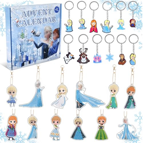 Adventskalender 2024, 12 DIY Diamond Painting Schlüsselanhänger und 12 PVC Schlüsselanhänger Mädchen 24 Stück Frozen Weihnachten Anhänger Weihnachtskalender Geschenk für Jungen Mädchen von Heartsking